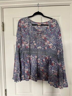 Mossimo Supply Co. Dusty Blue Floral Crochet-Trim Peasant Tunic